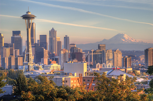 Seattle downtown during the daytime with Space Needle in the background.